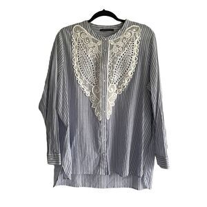 Marks & SPENCER Cotton Striped Button Front Shirt Blouse Lace Blue White XL